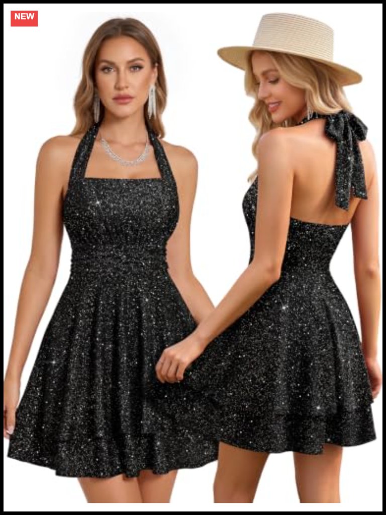 Sequined Halter Backless A-Line Mini Cocktail Party Dress